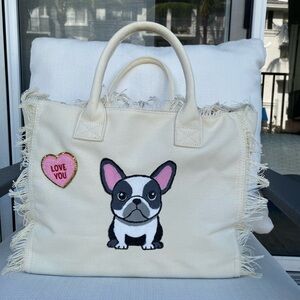 Handmade and hand painted French Bulldog canvas bag